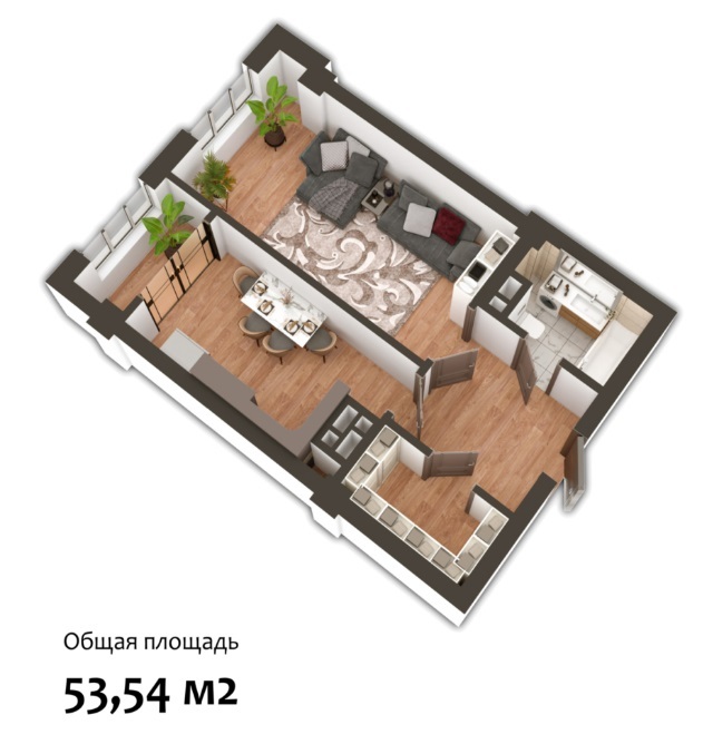 Планировка 1-комнатные квартиры, 53.54 m2 в ЖК Nurzaman City, в г. Бишкека