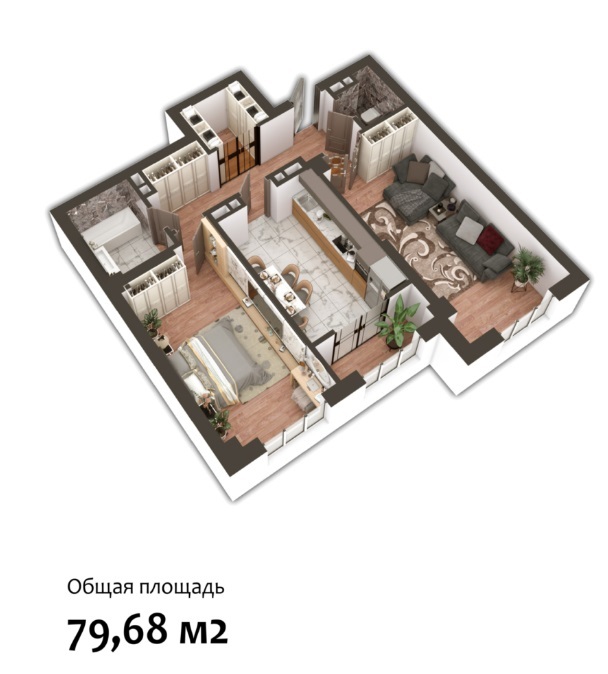 Планировка 2-комнатные квартиры, 79.68 m2 в ЖК Nurzaman City, в г. Бишкека
