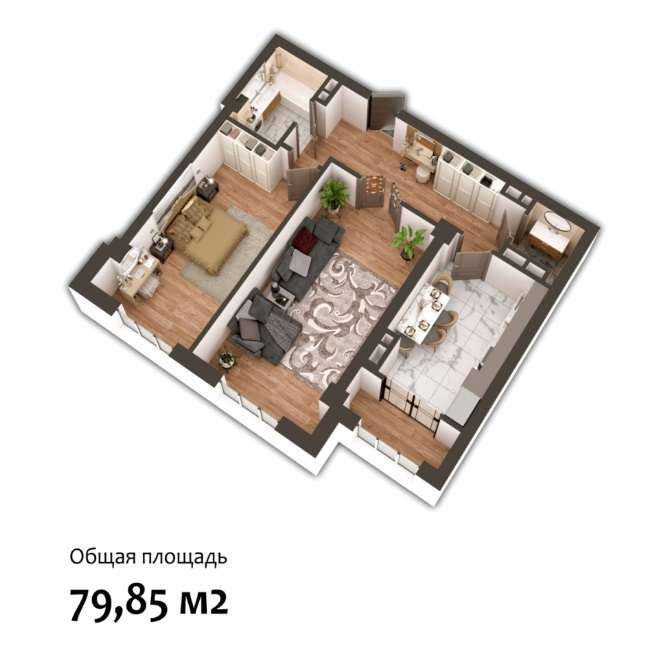 Планировка 2-комнатные квартиры, 79.85 m2 в ЖК Nurzaman City, в г. Бишкека