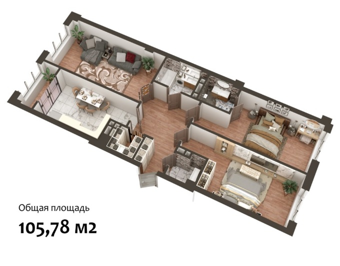 Планировка 3-комнатные квартиры, 105.78 m2 в ЖК Nurzaman City, в г. Бишкека