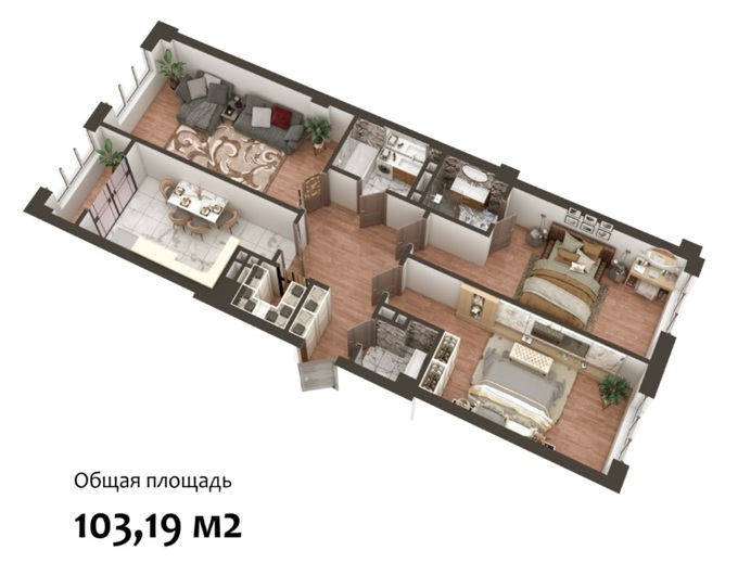 Планировка 3-комнатные квартиры, 103.19 m2 в ЖК Nurzaman City, в г. Бишкека