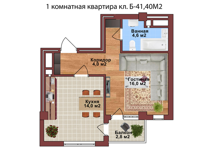 Планировка 1-комнатные квартиры, 41.4 m2 в ЖК Манас-Ата, в г. Оша