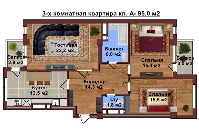 Планировка 3-комнатные квартиры, 95 m2 в ЖК Манас-Ата, в г. Оша