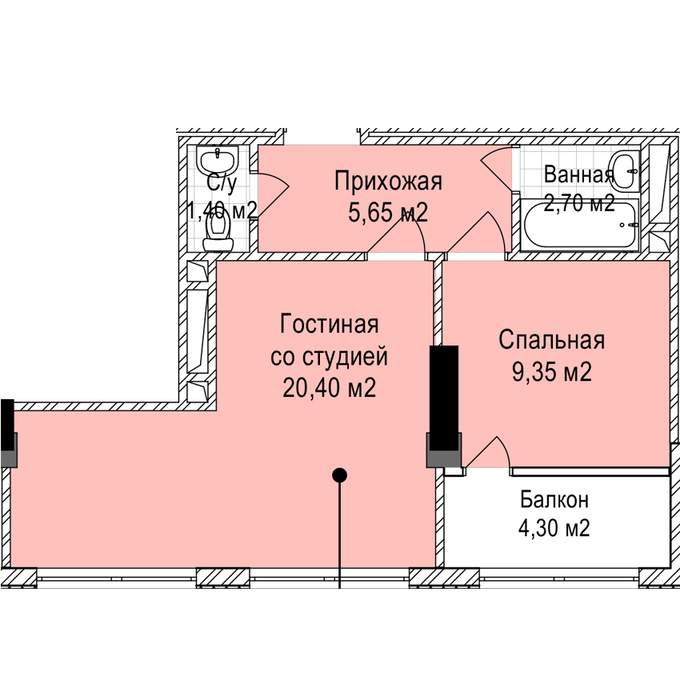 Планировка 1-комнатные квартиры, 43.8 m2 в ЖК по  улице Раимбекова, в г. Оша