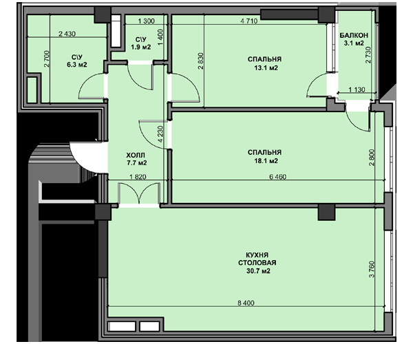 Планировка 3-комнатные квартиры, 80.9 m2 в ЖД Kausar, в г. Бишкека
