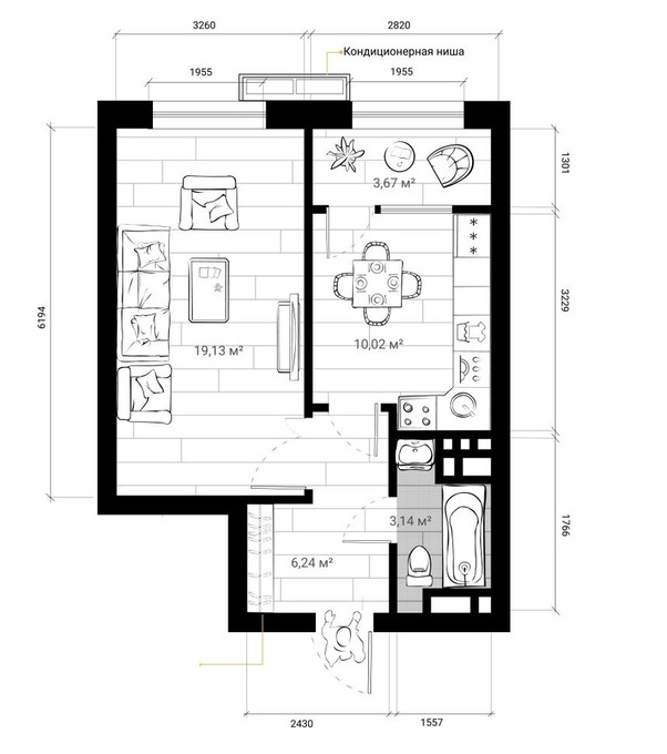 Планировка 1-комнатные квартиры, 42.2 m2 в ЖК New York City, в г. Бишкека