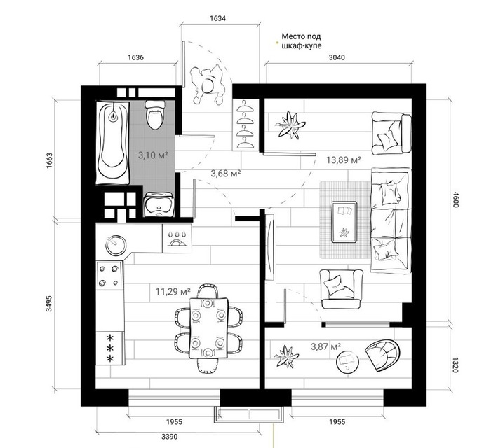 Планировка 1-комнатные квартиры, 33.83 m2 в ЖК New York City, в г. Бишкека