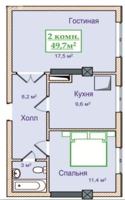 Планировка 2-комнатные квартиры, 49.7 m2 в ЖК Султан-Ордо 2, в г. Бишкека