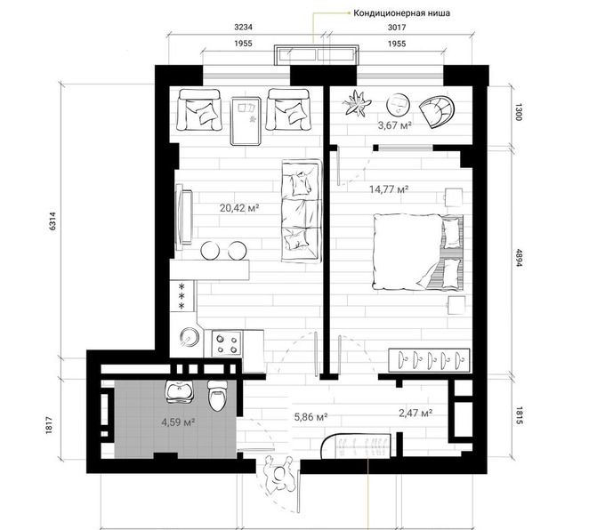 Планировка 2-комнатные квартиры, 51.92 m2 в ЖК New York City, в г. Бишкека