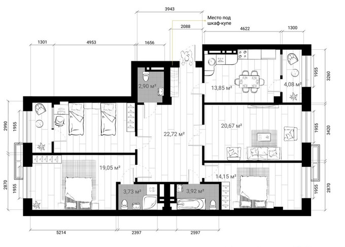 Планировка 4-комнатные квартиры, 123.66 m2 в ЖК New York City, в г. Бишкека
