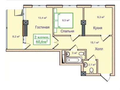 Планировка 2-комнатные квартиры, 60.6 m2 в ЖК Султан-Ордо 2, в г. Бишкека