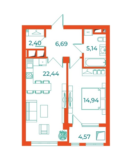 Планировка 1-комнатные квартиры, 55.8 m2 в ЖК Алтын Булак Life, в г. Бишкека