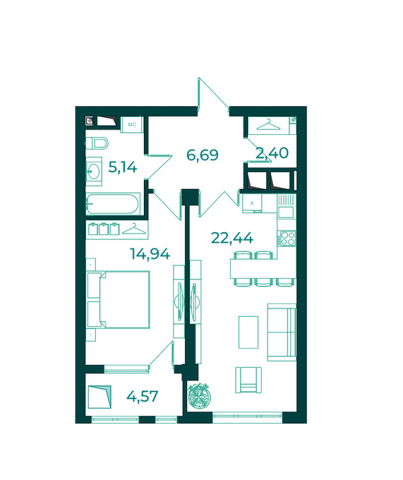 Планировка 1-комнатные квартиры, 55.8 m2 в ЖК Алтын Булак Life, в г. Бишкека