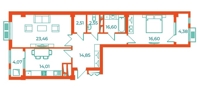 Планировка 2-комнатные квартиры, 85.6 m2 в ЖК Алтын Булак Life, в г. Бишкека
