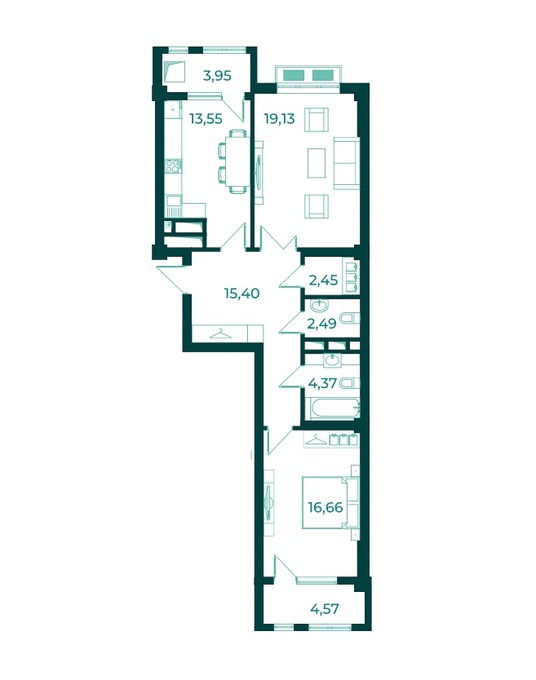 Планировка 2-комнатные квартиры, 82.4 m2 в ЖК Алтын Булак Life, в г. Бишкека