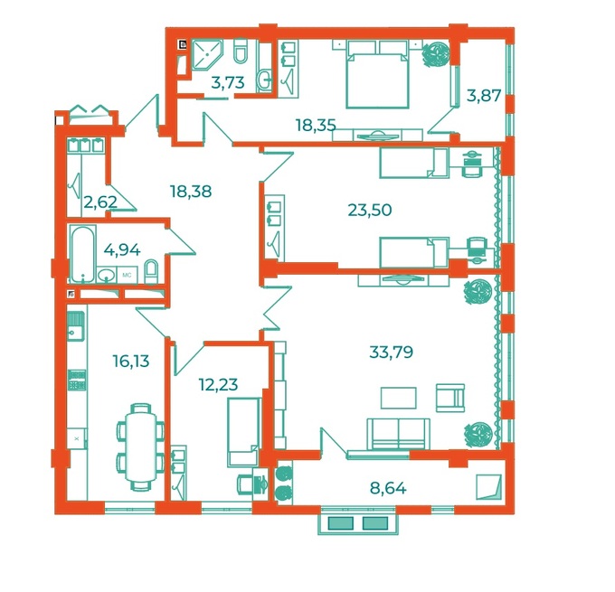 Планировка 4-комнатные квартиры, 145.9 m2 в ЖК Алтын Булак Life, в г. Бишкека