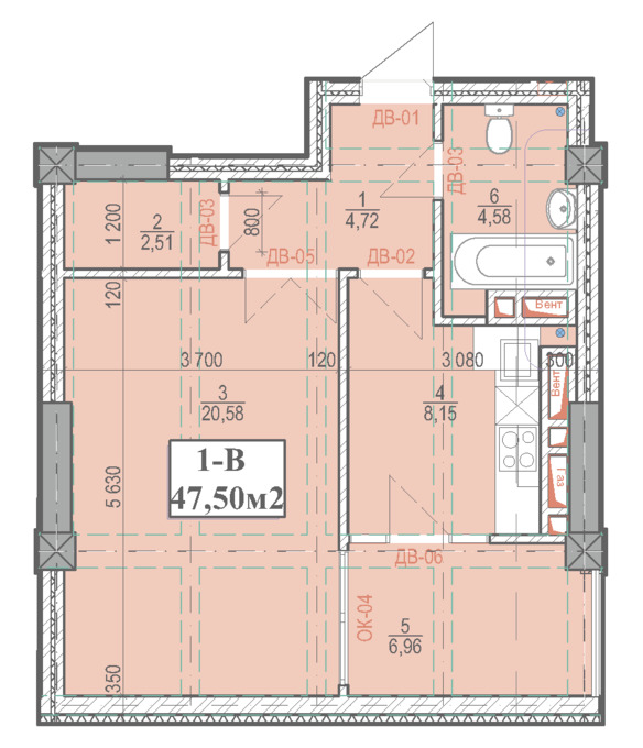 Планировка 1-комнатные квартиры, 47.5 m2 в ЖК в мкрн Джал-23, в г. Бишкека