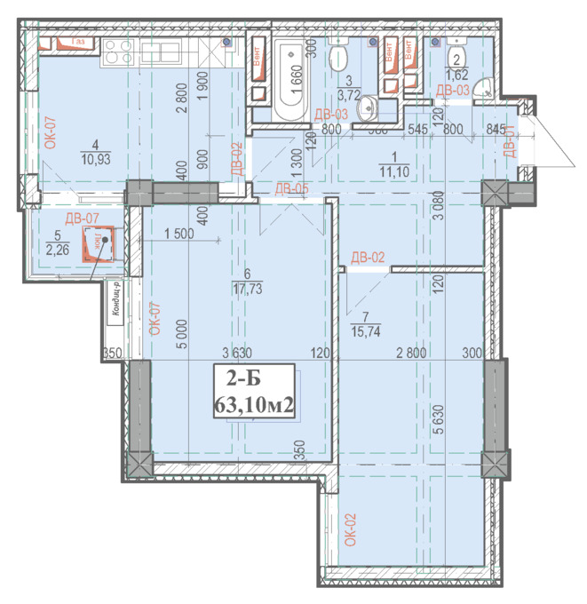 Планировка 2-комнатные квартиры, 63.1 m2 в ЖК в мкрн Джал-23, в г. Бишкека