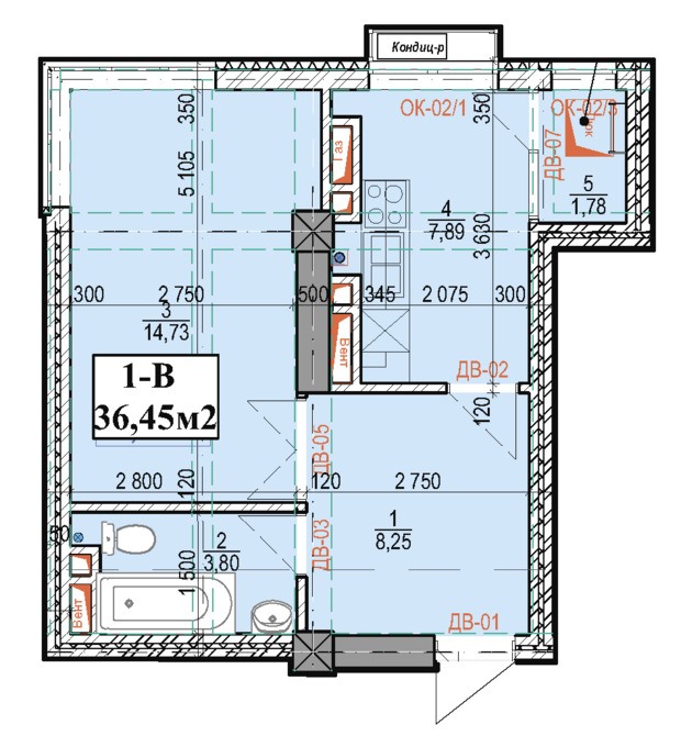 Планировка 1-комнатные квартиры, 36.45 m2 в ЖК в мкрн Джал-23, в г. Бишкека