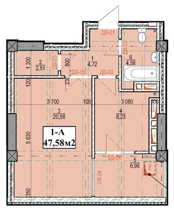 Планировка 1-комнатные квартиры, 47.58 m2 в ЖК в мкрн Джал-23, в г. Бишкека