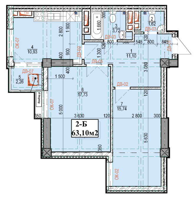 Планировка 2-комнатные квартиры, 63.1 m2 в ЖК в мкрн Джал-23, в г. Бишкека