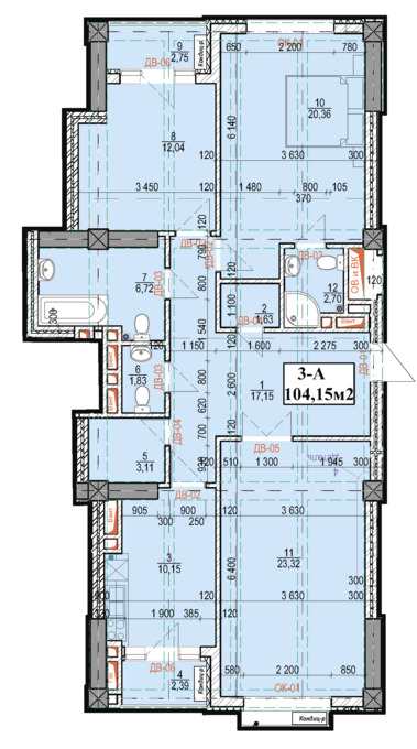 Планировка 3-комнатные квартиры, 104.15 m2 в ЖК в мкрн Джал-23, в г. Бишкека