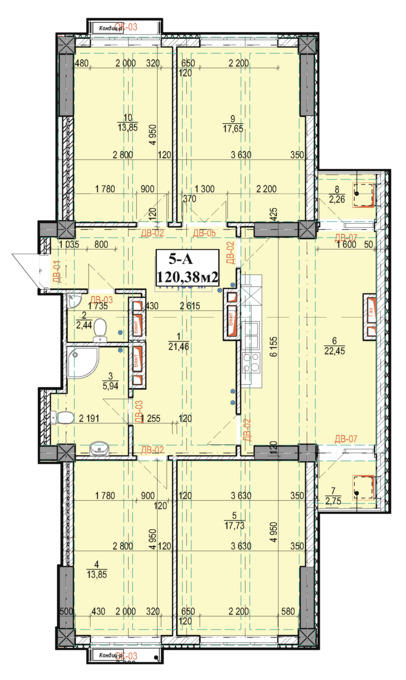 Планировка 5-комнатные квартиры, 120.38 m2 в ЖК в мкрн Джал-23, в г. Бишкека