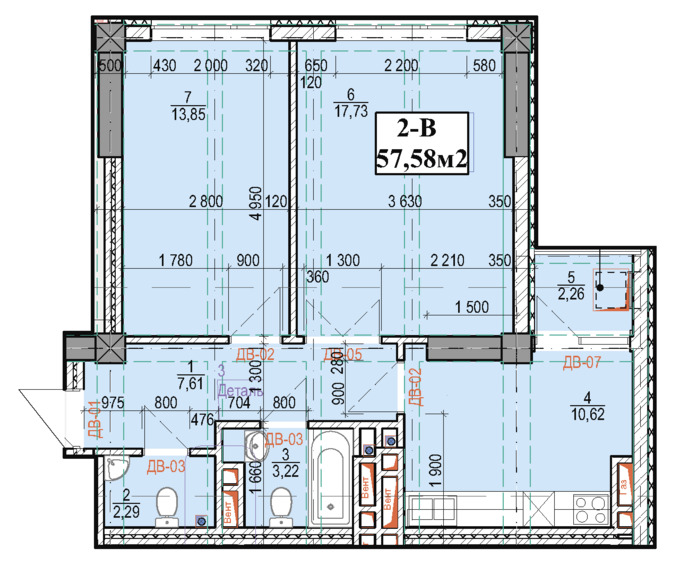 Планировка 2-комнатные квартиры, 57.58 m2 в ЖК в мкрн Джал-23, в г. Бишкека