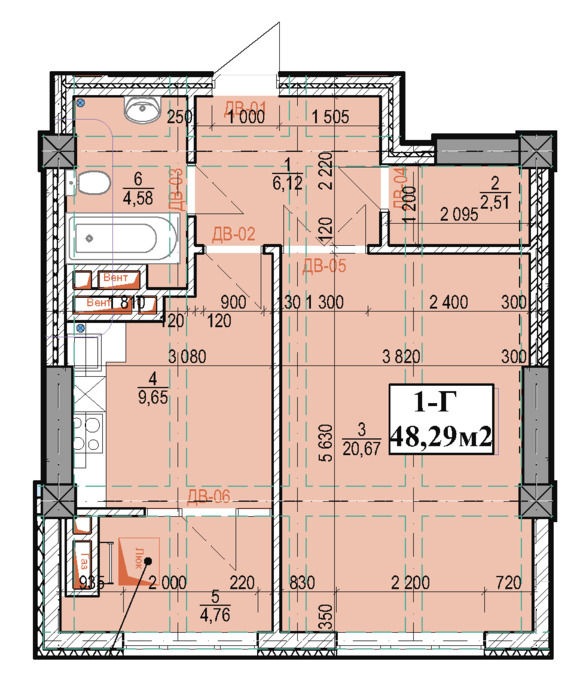 Планировка 1-комнатные квартиры, 48.29 m2 в ЖК в мкрн Джал-23, в г. Бишкека