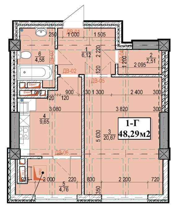Планировка 1-комнатные квартиры, 48.29 m2 в ЖК в мкрн Джал-23, в г. Бишкека