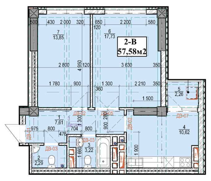 Планировка 2-комнатные квартиры, 57.58 m2 в ЖК в мкрн Джал-23, в г. Бишкека