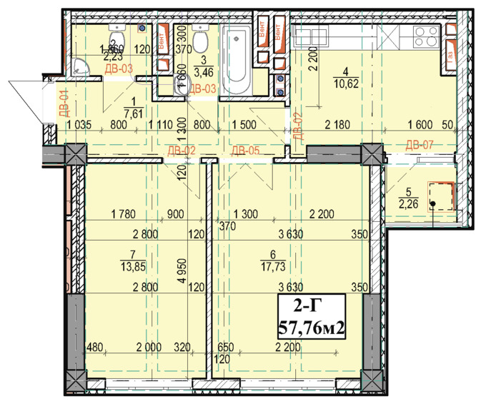 Планировка 2-комнатные квартиры, 57.76 m2 в ЖК в мкрн Джал-23, в г. Бишкека