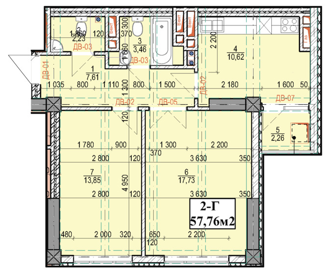 Планировка 2-комнатные квартиры, 57.76 m2 в ЖК в мкрн Джал-23, в г. Бишкека