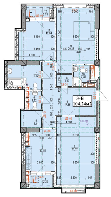Планировка 3-комнатные квартиры, 104.24 m2 в ЖК в мкрн Джал-23, в г. Бишкека