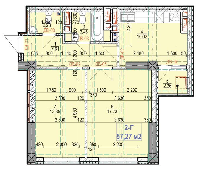 Планировка 2-комнатные квартиры, 57.27 m2 в ЖК в мкрн Джал-23, в г. Бишкека