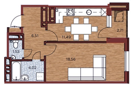 Планировка 1-комнатные квартиры, 44.82 m2 в ЖК MarSal, в г. Бишкека