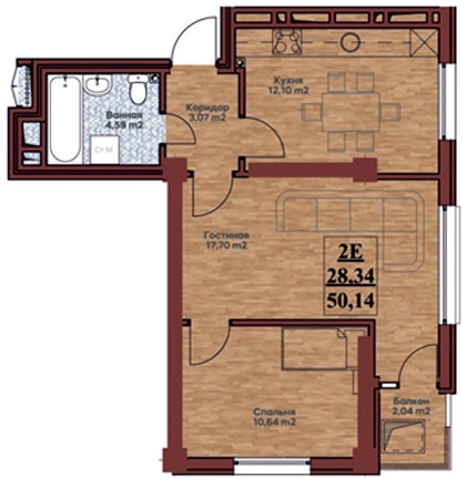 Планировка 2-комнатные квартиры, 50.14 m2 в ЖК MarSal, в г. Бишкека