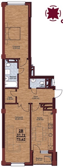 Планировка 3-комнатные квартиры, 73.62 m2 в ЖК MarSal, в г. Бишкека