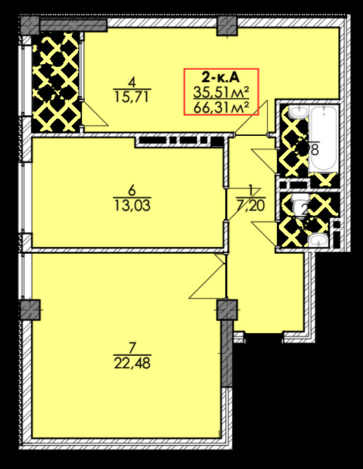 Планировка 2-комнатные квартиры, 66.31 m2 в ЖК Ынтымак, в г. Бишкека