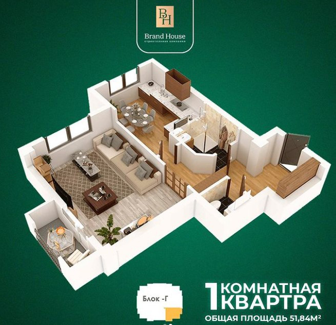 Планировка 1-комнатные квартиры, 51.84 m2 в ЖК Солнечный (Brand House), в г. Бишкека