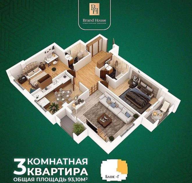 Планировка 3-комнатные квартиры, 93.1 m2 в ЖК Солнечный (Brand House), в г. Бишкека