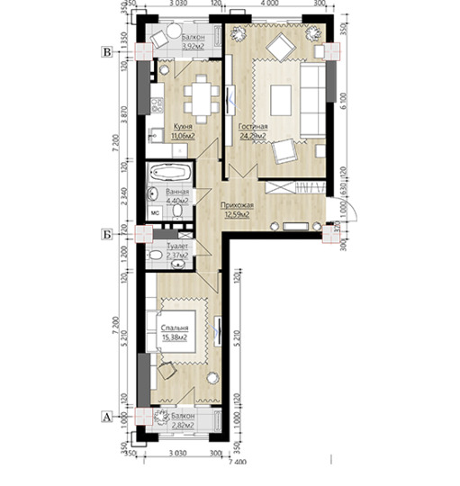 Планировка 2-комнатные квартиры, 75.04 m2 в ЖК IHLAS Residence, в г. Бишкека