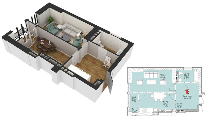 Планировка 1-комнатные квартиры, 48.46 m2 в ЖК Baht, в г. Бишкека