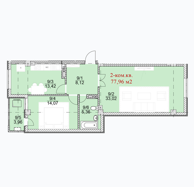 Планировка 2-комнатные квартиры, 77.96 m2 в ЖД Анкара, в г. Бишкека