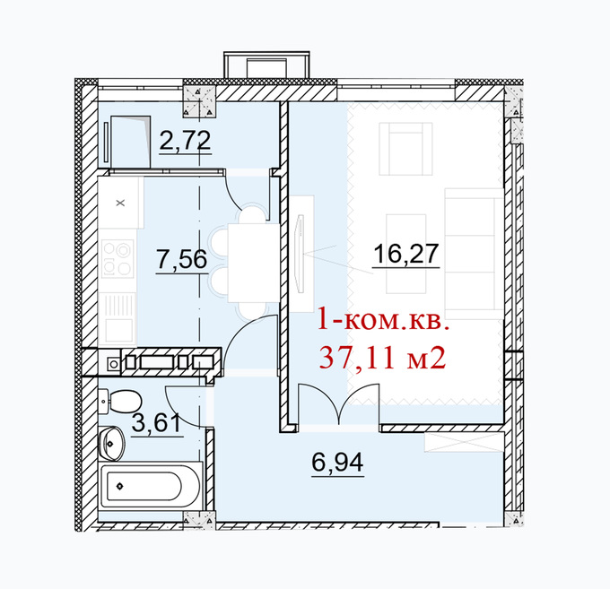 Планировка 1-комнатные квартиры, 37.11 m2 в ЖД Анкара, в г. Бишкека