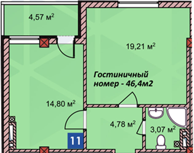 Планировка 1-комнатные квартиры, 46.4 m2 в ЖК Центр Отдыха Радуга, в г. Иссык-Кульского района