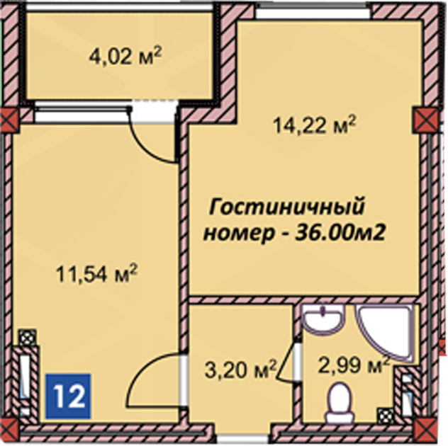 Планировка 1-комнатные квартиры, 36 m2 в ЖК Центр Отдыха Радуга, в г. Иссык-Кульского района