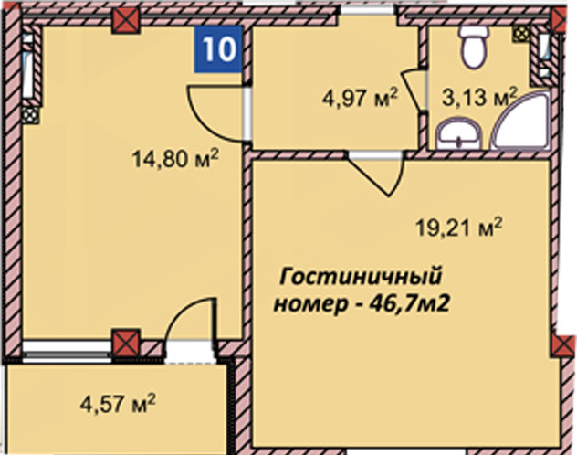 Планировка 1-комнатные квартиры, 46.7 m2 в ЖК Центр Отдыха Радуга, в г. Иссык-Кульского района