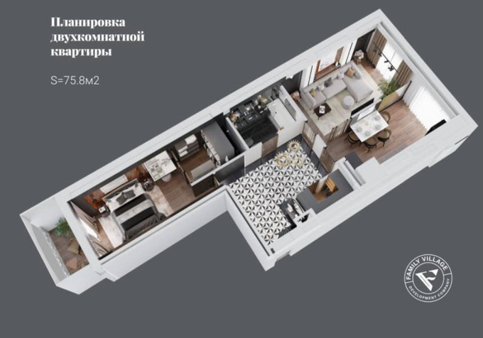 Планировка 2-комнатные квартиры, 75.8 m2 в ЖК Barcelona, в г. Бишкека