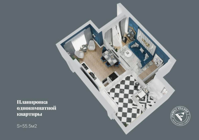 Планировка 1-комнатные квартиры, 55.5 m2 в ЖК Barcelona, в г. Бишкека